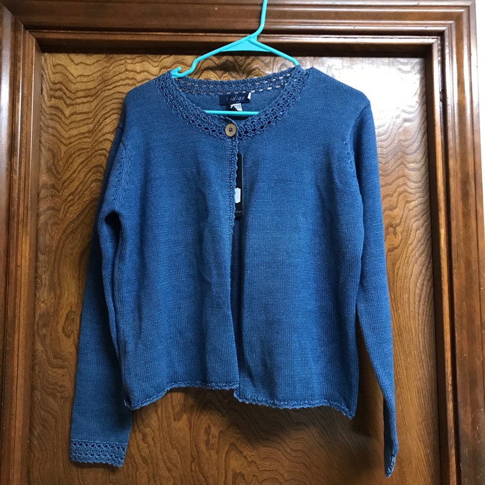Carraig Donn Indigo Cardigan Crochet Detail Hand made Medium M